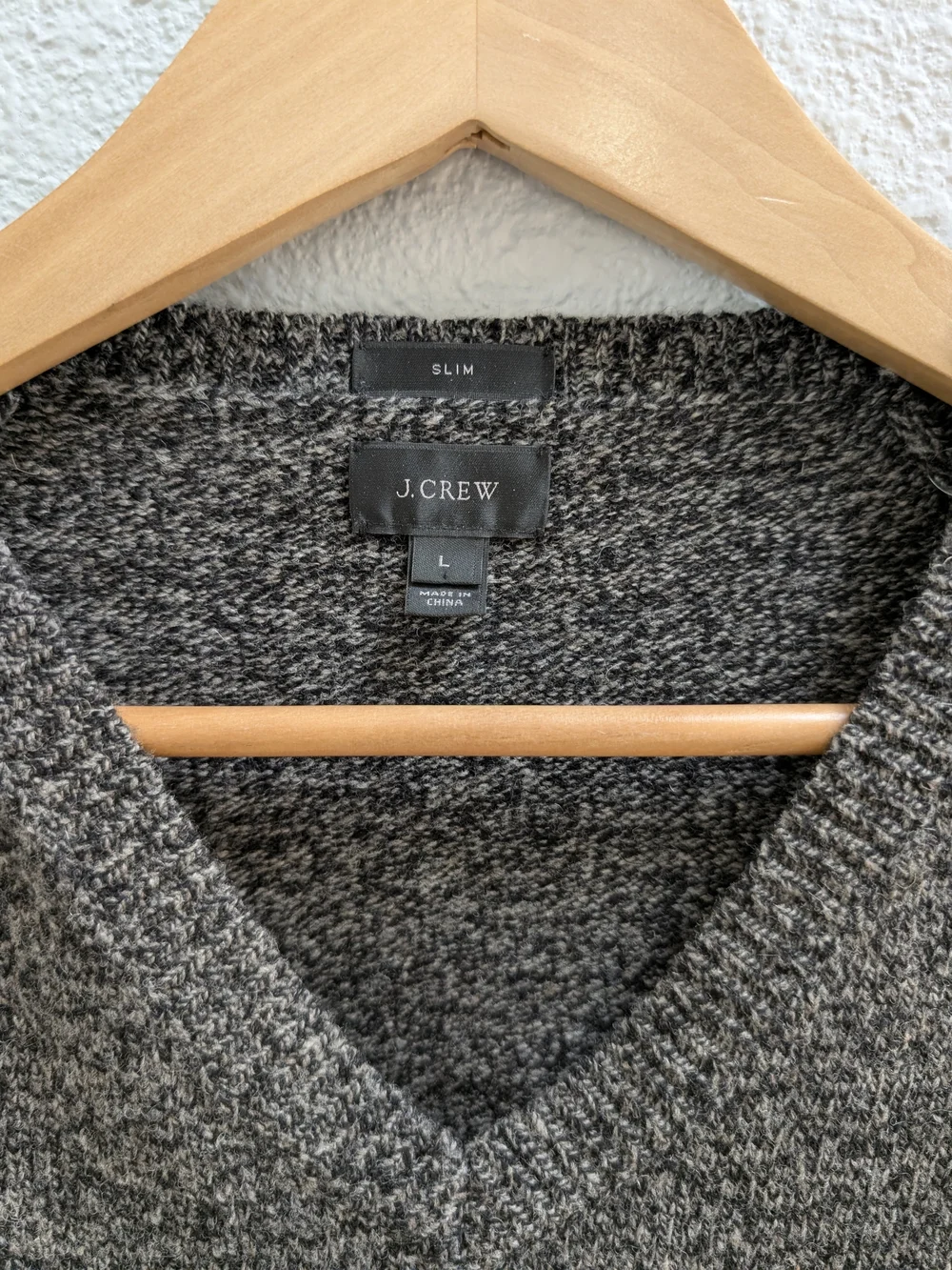 J. Crew Men's Dark Charcoal Marled Wool V-Neck Sweater, Size Large